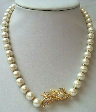 Stunning Vintage Estate Rhinestone Flower Faux Pearl 17.  5 " Necklace 2202e