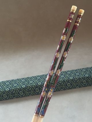 8.  5 " Vintage Bone Chopsticks With A Floral Enamel Cloisonné Design