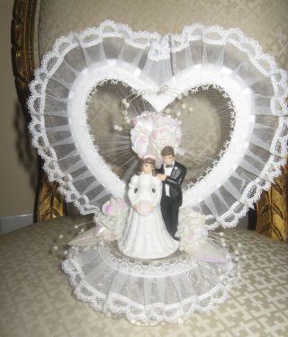 Vintage Brown Hair Bride & Groom Wedding Cake Topper Lace,  Pearls,  And Heart