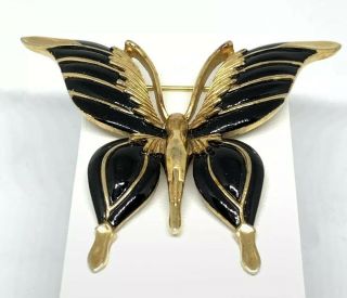 Vintage Crown Trifari Butterfly Brooch Black Enamel Gold Tone 1950s 1960s