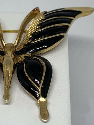 Vintage Crown Trifari Butterfly Brooch Black Enamel Gold Tone 1950s 1960s 2
