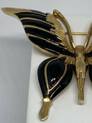 Vintage Crown Trifari Butterfly Brooch Black Enamel Gold Tone 1950s 1960s 3