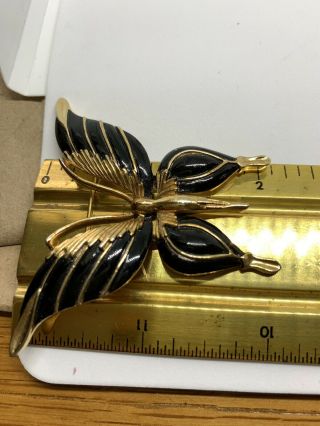 Vintage Crown Trifari Butterfly Brooch Black Enamel Gold Tone 1950s 1960s 8