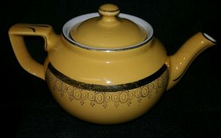 Vintage Hall China Boston Teapot.  6 - Cup Mustard Yellow With Gold Trim Design Usa