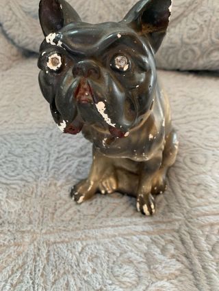 Vintage Art Deco Carnival Chalkware French Bulldog Dog With Rhinestone Eyes