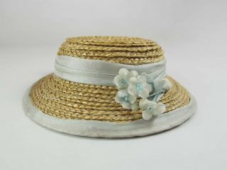 Antique Straw And Silk Doll Hat For Small Doll - Stamped Label Inside