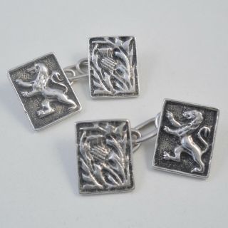 Vintage Sterling Silver Chain Link Cufflinks Scottish Lion Rampant Thistle,  7.  9g