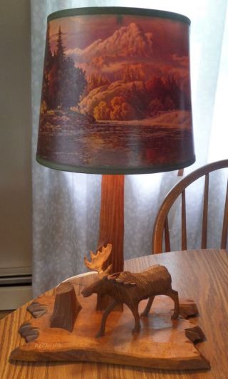 Vintage Signed Hand Carved Wood Moose & Tree Lamp & Mountain Landscape Shade