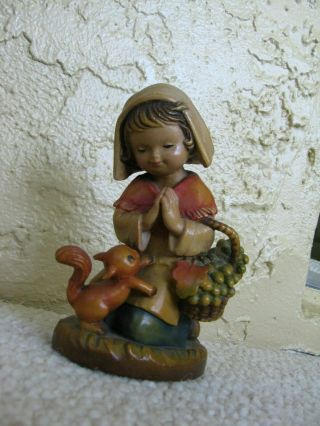 Vintage Anri Ferrandiz Hand Carved Figurine Of Girl With Basket And Squirrel