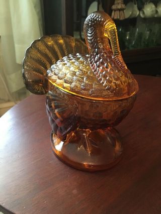Vintage Le Smith Amber Glass Turkey Covered Nesting Dish -