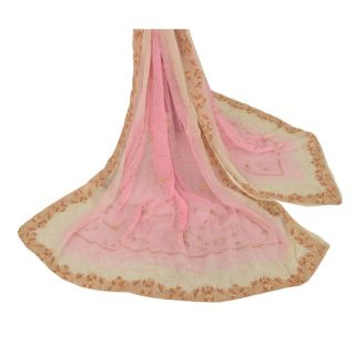 Sanskriti Vintage Dupatta Long Stole Pure Chiffon Silk Pink Hand Embroidered