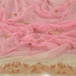 Sanskriti Vintage Dupatta Long Stole Pure Chiffon Silk Pink Hand Embroidered 2