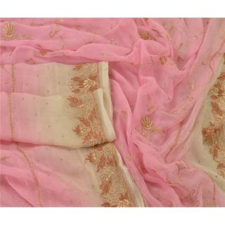 Sanskriti Vintage Dupatta Long Stole Pure Chiffon Silk Pink Hand Embroidered 3