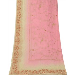 Sanskriti Vintage Dupatta Long Stole Pure Chiffon Silk Pink Hand Embroidered 6