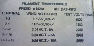 Freed Filament Transformer 2 X 2.  5v @ 5 A,  1 X 2.  5v @ 10a 2 X 115v