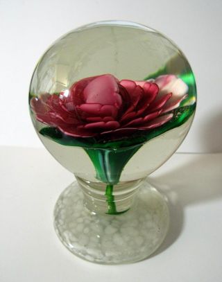 Heavy Vintage Art Glass 5 " Pedestal Paperweight Large Internal Flower