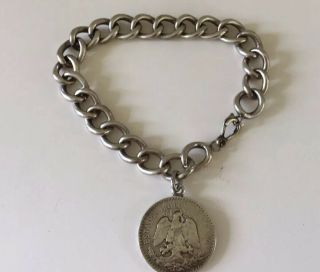Vintage 925 Sterling Silver Heavy Coin Charm Bracelet Mexico 42.  9g 8.  5 "