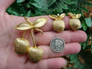 Vintage SARAH COVENTRY - gold tone - cherry / fruit PIN,  clip EARRINGS set 2