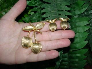 Vintage SARAH COVENTRY - gold tone - cherry / fruit PIN,  clip EARRINGS set 3