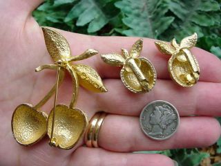 Vintage SARAH COVENTRY - gold tone - cherry / fruit PIN,  clip EARRINGS set 4