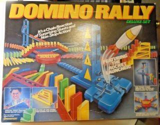 Vintage 1989 Domino Rally Deluxe Set W/ Rocket Launcher Pressman W/ Dominoes Toy