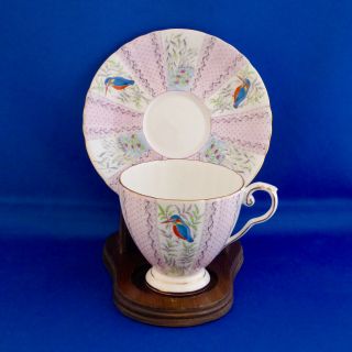 Royal Grafton Kingfisher Tea Cup Saucer 1884p Pink Hand Painted England Vintage