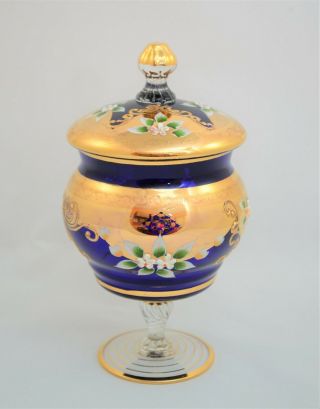 Vintage Venetian Murano Cobalt Blue Gold Lidded Candy Dish Vase