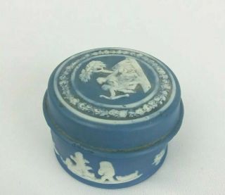 Vintage Wedgewood Trinket Jewel Pill Box Cobalt Blue Jasperware Miniature Round
