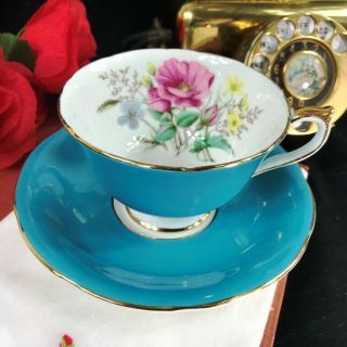Vintage Aynsley Bone China England Wild Rose Spray Blue Cup And Saucer Set 2524