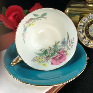 Vintage Aynsley Bone China England Wild Rose Spray Blue Cup and Saucer Set 2524 3
