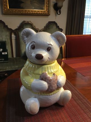 Metlox Vintage Teddy Bear Cookie Jar With Yellow Sweater