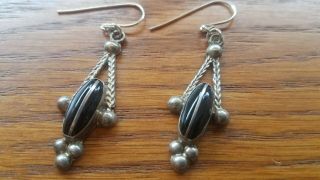 Stunning Vintage Sterling Silver & Black Onyx Stone Dangle Earrings Taxco Mexico