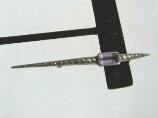 Vintage.  925 Sterling Silver,  Marcasite & Purple Stone Brooch Pin - 4.  23 Grams