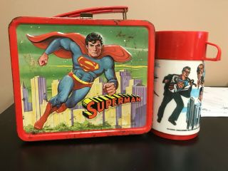 Vintage 1978 Aladdin Superman Embossed Metal Lunch Box With Thermos Dc Comics