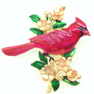 Signed Jj Vintage Red Cardinal Bird Brooch Pin Enamel Flowers Jewelry