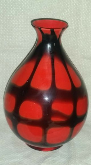 Vintage Czech Art Deco Kralik Glass 7.  25 " Vase Orange Black Czechoslovakia