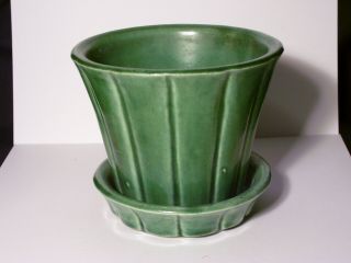 Mccoy Flower Pot W/saucer Green Ribbed,  Flared,  Vintage,  Mid Century Modern,  Usa