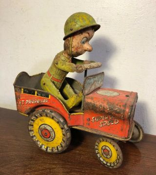 Vintage Unique Art Gi Joe Tin Litho Jouncing Jeep Wind Up Toy