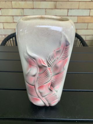 Vintage Mid Century Royal Copley Pottery Vase Pink Gray Leaves Leaf