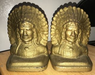 Vintage Pair Cast Iron Metal Indian Chief Bookends Native American