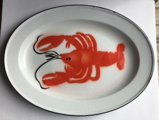 Vintage Red White Enamel Ware Large Metal Lobster Platter Serving Tray 17 - 3/4 "