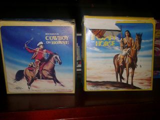 Vintage Mtu Mechanical Tin Indian On Horse And Cowboy On Horse Wind - Up Toy Set