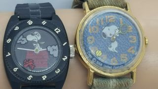 2 Vintage Snoopy Watches Red Baron & Playing Tennis