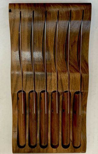 Vintage Robinson Knife Usa Set Of 6 Stainless Steel Steak Knives In Wood Holder