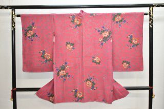 Vintage Silk Kimono Jacket:1950s Dark Rose Red Tree Peony/plum Blossom@yg99