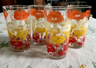 Vintage 1950’s Drinking Glasses Morning Glory Flowers Bold Orange Yellow Red