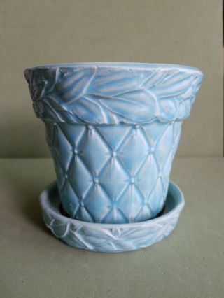 Vintage Pottery Aqua /blue Mccoy Flower Pot Quilted Pattern W/ Attached Saucer