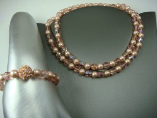 Vtg Joan Rivers Faux Pink Pearl Ab Crystal Pave Clasp Necklace Bracelet Set
