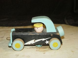 Estate Old Vintage Wooden Fisher Price Lightning Sports Car Pull Toy