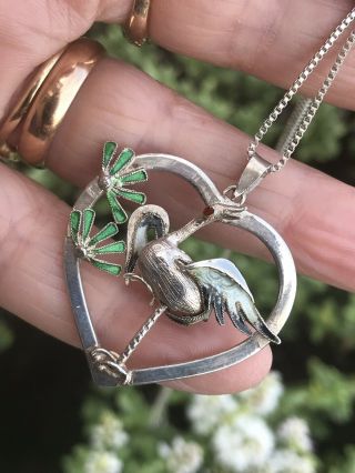 Vintage Sterling Silver/enamel Chinese Heart /crane Bird 3d Pendant Necklace